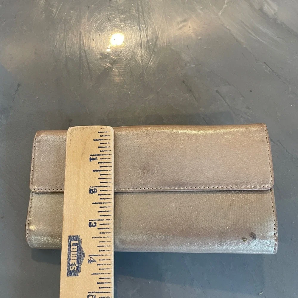 Coach Metallic Champagne Gold Leather Slim Envelope Turnlock Wallet Pink FLAW